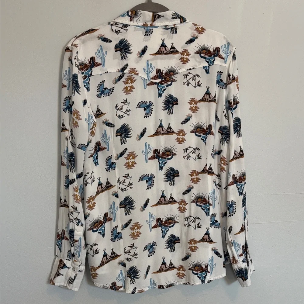 Women's White Medium Western Desert Print Button Down Shirt - Picture 3 of 10